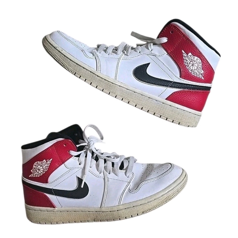 Nike Men 9 Air Jordan 1 Mid White Chicago Gym Red 554724-116 Sneakers Shoes